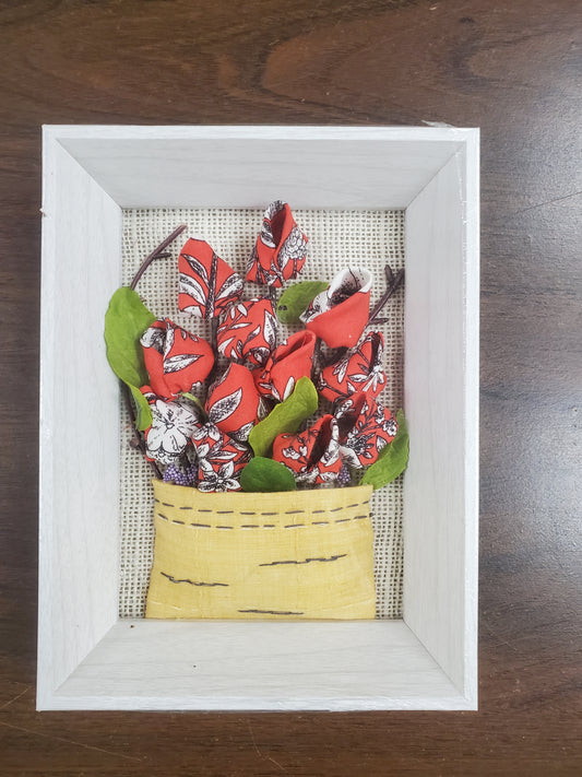 Handmade flowers with Red flower pots and green leaves, put them in a picture frame, flowers are made of fabric.